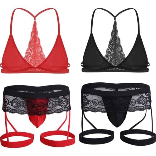 Mens Sexy Sissy Lingerie Mesh Sheer Lace Y-shape Back Wire-free Unlined Bralette Bra G-string Garter Panties Underwear Nightwear