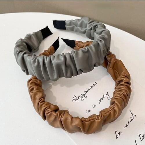 Retro Solid Color Knotted Hairband Hair Hoop Womens PU Leather Fold Solid Thick Hair Hoop French Simple Headband New Headdress