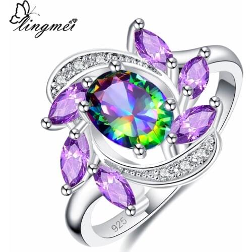 Lingmei Beauty Bohemia Wedding Band Silver Color Jewelry Multi Purple Blue Zircon Women Ring Size 6 7 8 9 Anniversary Gifts