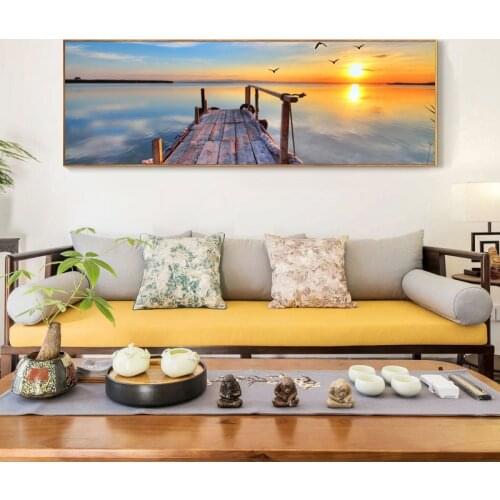 Modern Seascape Posters and Prints Wall Art Canvas Painting Wooden Bridge and Sunrise Pictures for Living Room Decor No Frame