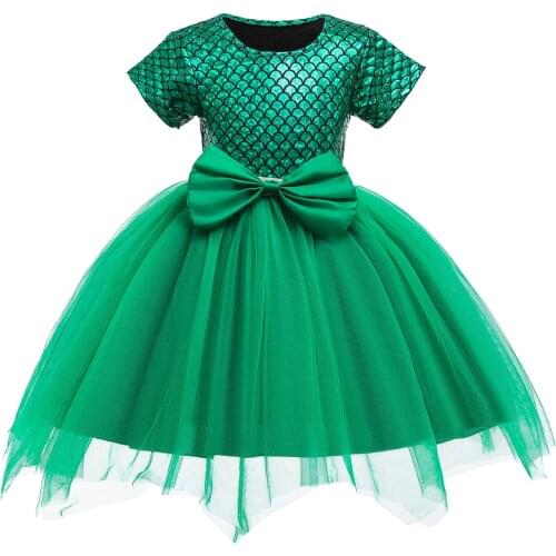 Little Mermaid Scale Girls Princess dress Tulle Big Bow short sleeve Ariel Costume tutu Kids dresses for girls princess dresses