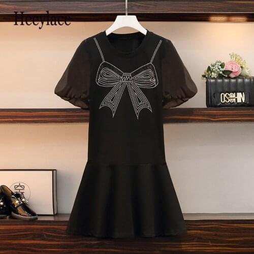 Plus size women bow diamond black dresses Summer puff sleeve loose casual ruffles patchwork gothic dress female vestidos 2021
