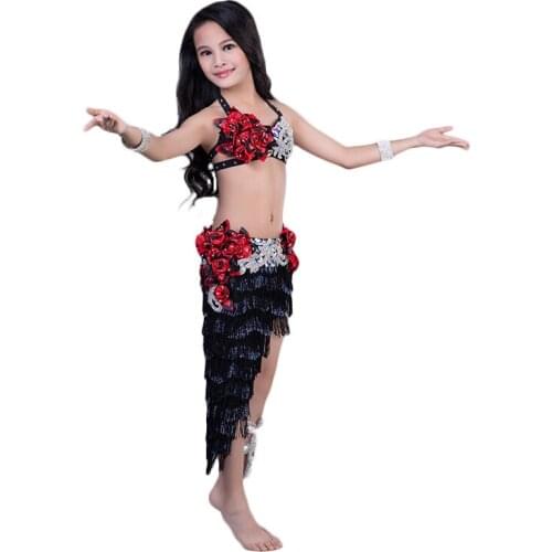 Rhinstone Flower Tassel Irregular Skirt Belly dance 2pcs set for little girl/children/Kids, Costume Performance Wears RT190
