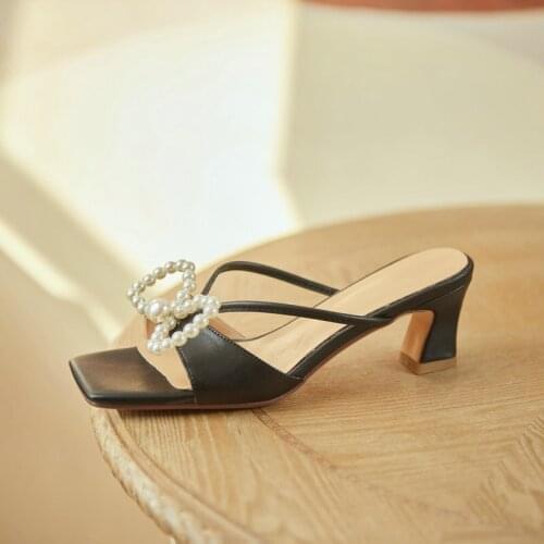 2021 Ladies Genuine Leather Slippers Med Heels Footwear Summer Fashion Outside Women Slipper Mules Shoes Size 41 42 43