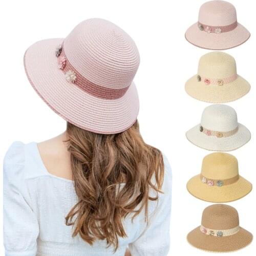 Small Fresh Summer New Womens Sun Hat Bucket Cap Beige Lace Bowknot Flowers Ribbon Flat Top Straw Hat Beach Caps Panama