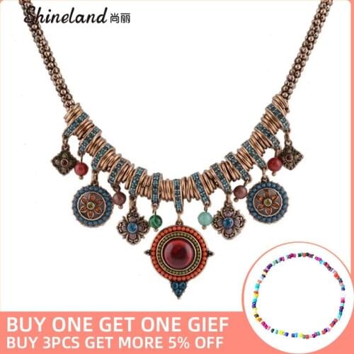 Vintage Bohemia Style Fashion Jewelry Gold-color Round Shape Colorful Resin Stone&Beads Pendants Statement Necklace for Women