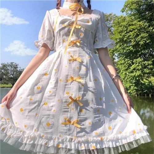 Japanese Sweet Kawaii Lolita Dress Women Short Sleeve Costume Loli Dress Summer New Cute Girls Bow Princess Mid Dresses