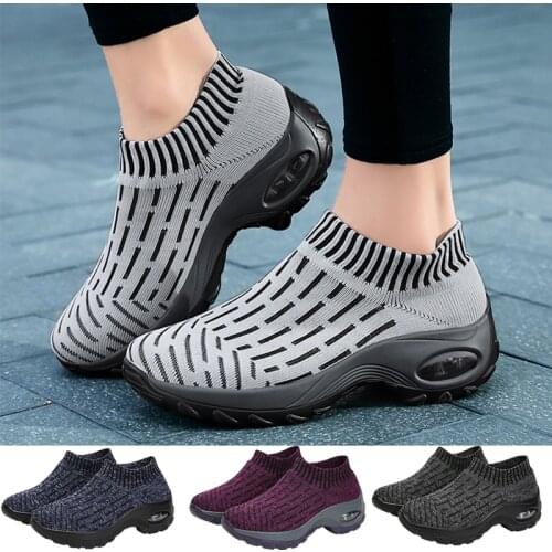 Women Tennis Shoes Air Cushion Sports Shoes High Heels Mesh Slip-on Female Sock Footwear Outdoor Thick Bottom Women Sneakers