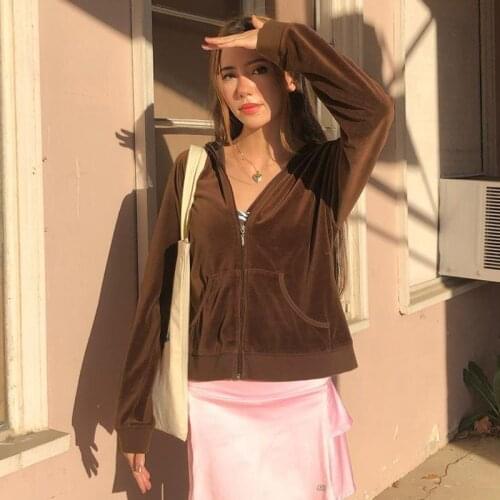 2021 Spring Autumn Women Coat Top Brown Retro Velvet Hoodies Fashion Zipper Cardigan Women Jacket Casual Loose Suede Sweatshirts