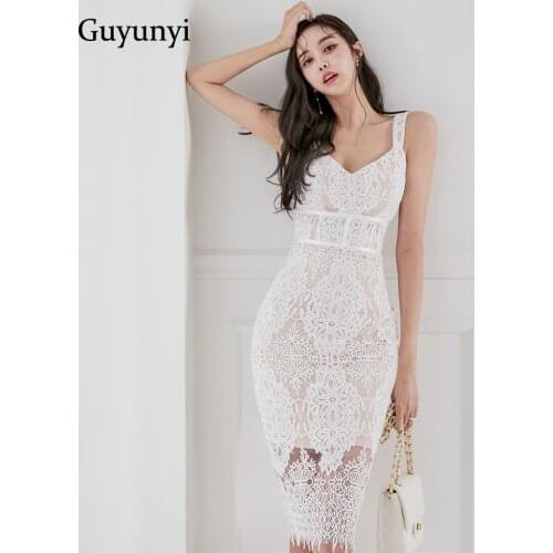 White Lace Dress 2021 Summer Simple High Waist Tight Sexy V-Neck Sleeveless Sling Backless Temperament Women Party Dress