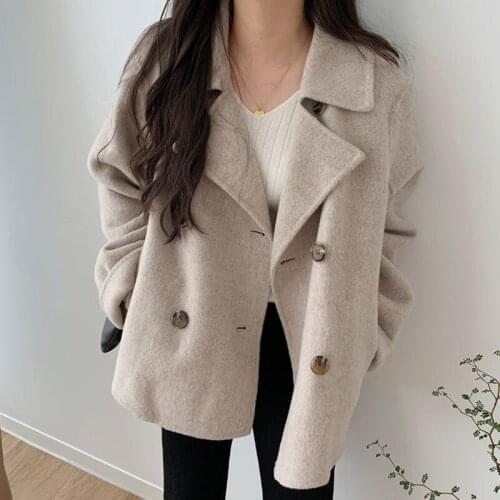 Korean Autumn Women Double Breasted Long Sleeve Warm Woolen Cloth Coat Loose Casual Coffee Color Oatmeal Female Short Outerwear