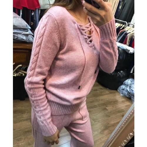 Winter Woolen and Cashmere Knitted warm Suit V-neck with Straps Velvet Sweater + Mink Cashmere Trousers Leisure Two-piece wj1680
