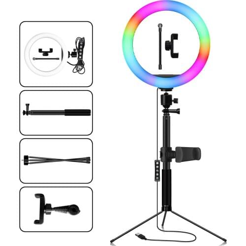 10" Selfie RGB LED Light With Tripod Stand Cellphone Holder Dimmable LED Light Set For Live Stream Selfie Photo YouTube
