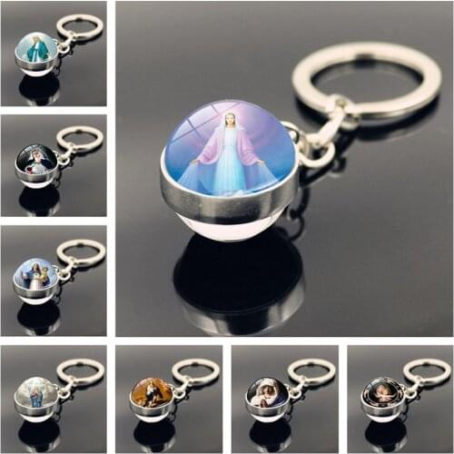 Car Keychain Jewelry with Virgin Mary Double Side Glass Ball Keychain St Michael Keyrings Sait St Jude Keychain Riligous Jewelry