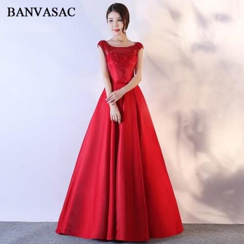 BANVASAC 2018 Sequined O Neck Lace Appliques A Line Long Evening Dresses Party Satin Bow Sash Open Back Prom Gowns