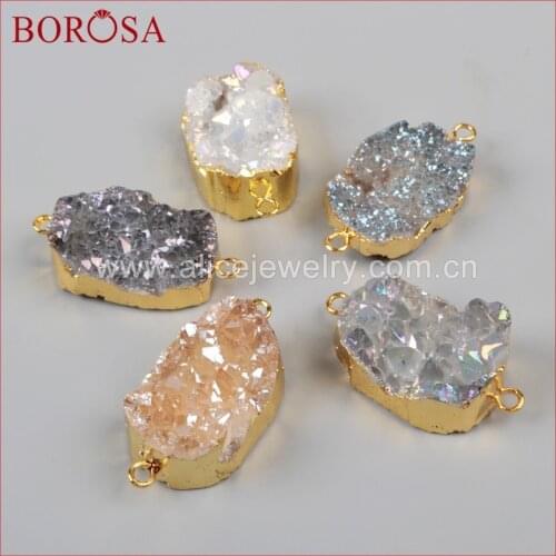 BOROSA Gold Color Mix Color Natural Crystal Quartz Titanium Druzy Geode Connector Fashion Gem Stone Connector for Bracelet G1036