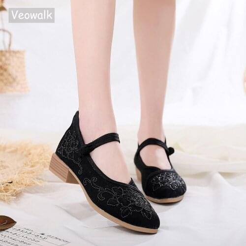Veowalk Brogue Women Embroidered Cotton Fabric Block Heel Derby Shoes Retro Elegant Ladies Pointy Toe Comfortable Mary Janes