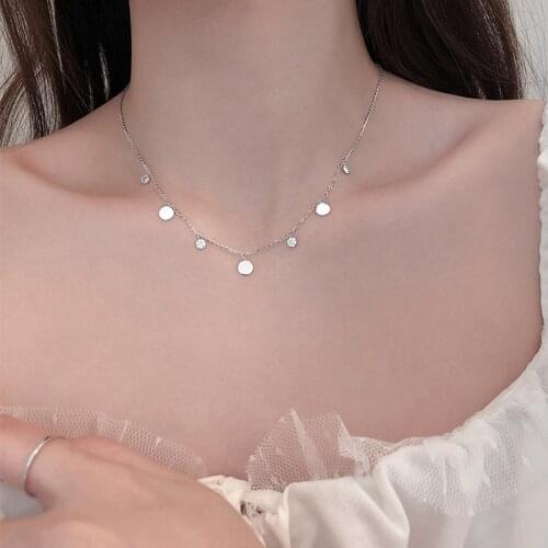 Trendy 925 Sterling Silver AAA Zircon Disc Shape Choker Fashion Round Chain Geometric Necklace For Girl Gift Fine Accessories