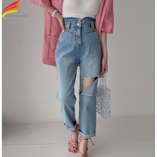 New 2021 Autumn High Waist Jeans For Women With Hole Korean Fashion Ripped Loose Blue Denim Harem Pants Women Pockets Jean Femme