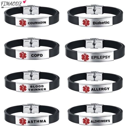 FIMAODZ Diabetic Bracelet Mens Female Medical Alert Life Star Epilepsy Allergy COPD Silicone Stainless Bracelets Bangles Gift