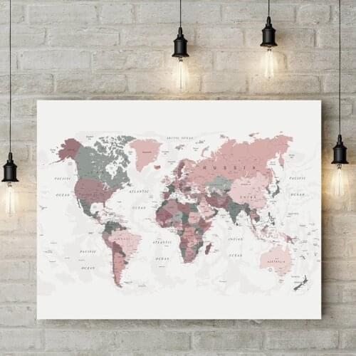 World Map Canvas Painting Blush Pink & Hunter Green Map of the World Poster Dorm Decor Modern Wall Art Picture Painting Decorati