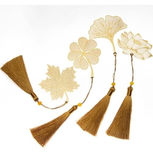 Chinese Style Leaf Retro Book Markers Copper Metal Tassel Bookmark Book Holder Stationery Supplies