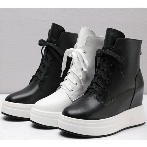 Winter Fashion Sneakers Women Lace Up Genuine Leather Wedges High Heel Ankle Boots Female Round Toe Platform Pumps Casual Shoes