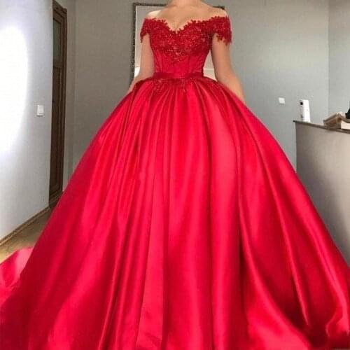 Lace Arabic Red Quinceanera Dresses Satin Applique Prom Dresses 15 year old Debutante Off the Shoulder Vestidos De 15 Anos