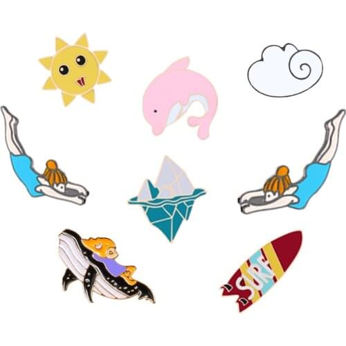 Summer Vacation Brooches Swim Girl Surfboard Dolphin Enamel Pins Shirt Decoration Jackets Lapel Badges Pin Jewelry For Men Women