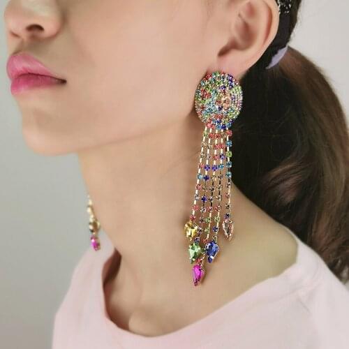 MANILAI New Design Statement long Colorful Crystal Tassel Dangle Drop Earrings Luxury Fashion Jewelry Accessories For Women