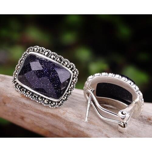 MetJakt S925 Sterling Silver Faceted Blue Sandstone Fashion Simple Ladies Ear Clips