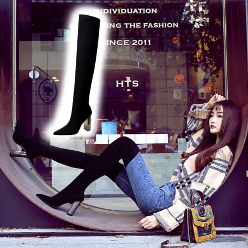 European And American-Style Fashion Metal with Chunky High Heel Pointed Sexy Was Thin Pedicure over-the-Knee Boots