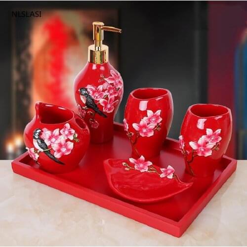European Rose Flower Bathroom Set Accessories Set Supplies Kit Soap Dish Mouth Cup Soap Bottle Toothbrush Holder Wedding Gift