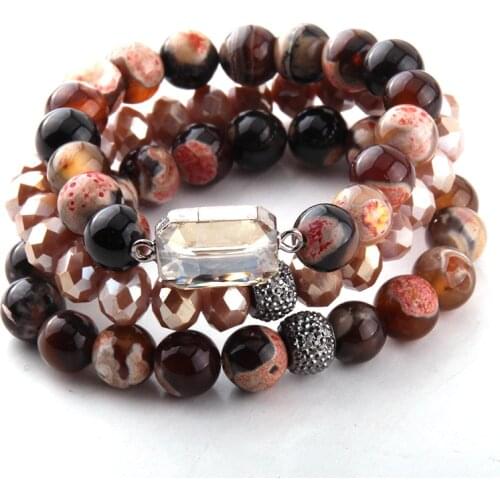 Fashion Beautiful 3pc set Brown Bracelet Sets Natural Stone & Glass Crystal Pave Bracelets