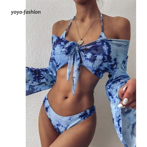 2021 New Tie-Dye Split Swimsuit Womens Sexy Long-Sleeved Cover Swimwear Bikini Three-Piece Suits Bather Bathing Suit Swim Beach