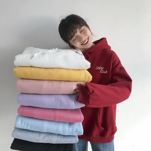 New Preppy Style Cute Candy Color Letters Embroidery Hooded Sweatshirts Women Autumn Winter Casual Pocket Fleece Hoodies