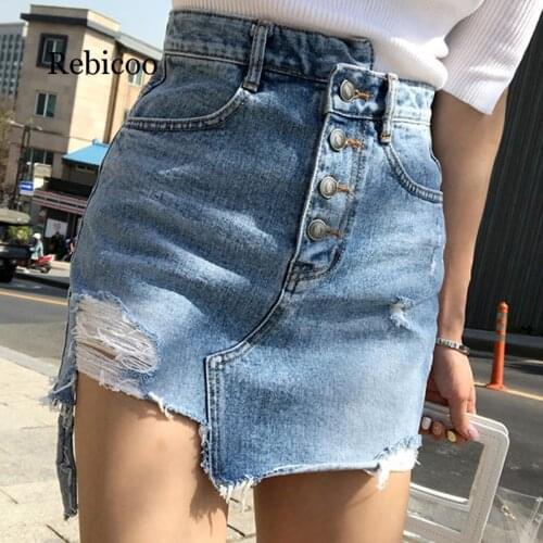 Casual Irregular High Waist Denim Skirt Light Wash Women Ripped Mini Skirt Female mini saia mujer Summer