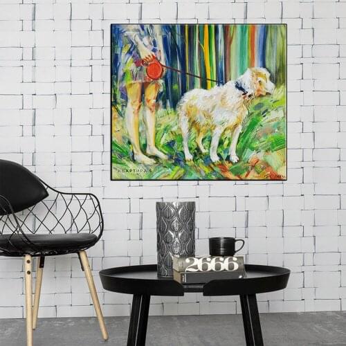 AAVV An Modern oil painting Art Canvas Painting Girl with Dog Movement Animals Art Prints Poster Wall Pictures Kids Room Decor N