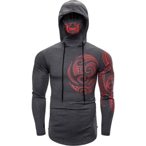 Long Sleeve Mens Hoodies with Print Mask Black Gray Elasticity Coat Moto Biker Style Cool Sweatshirts Men Thin Hoodies