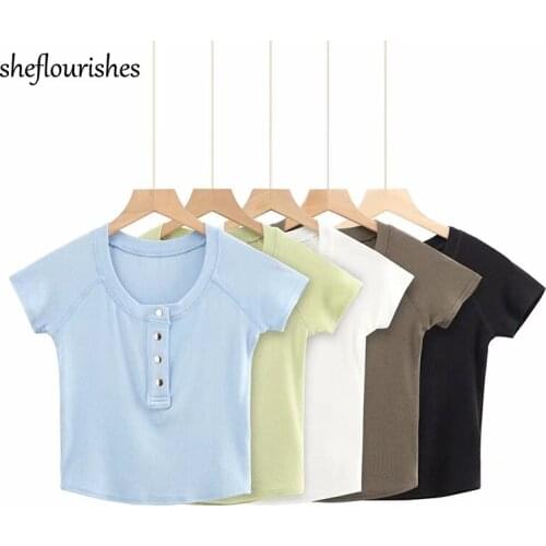 Vintage short sleeve t shirt women korean shirts summer casual tshirts solid o neck top knitted cropped tees white t shirt green