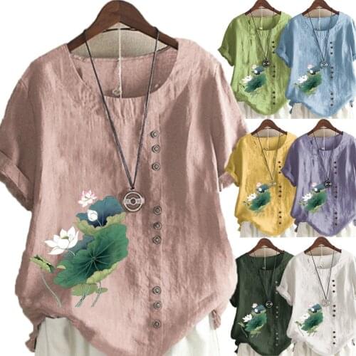 New Arrival Summer Fashion Womens Lotus Flower Printed Linen T-shirt Casual Loose Round Neck Short Sleeve Shirt Blouse Tops
