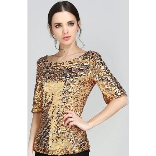 New Half Slveeve Slash Neck Sequins Mesh Sexy Slim T-shirt Women Tee Shirts Silver Gold Black Casual Tops