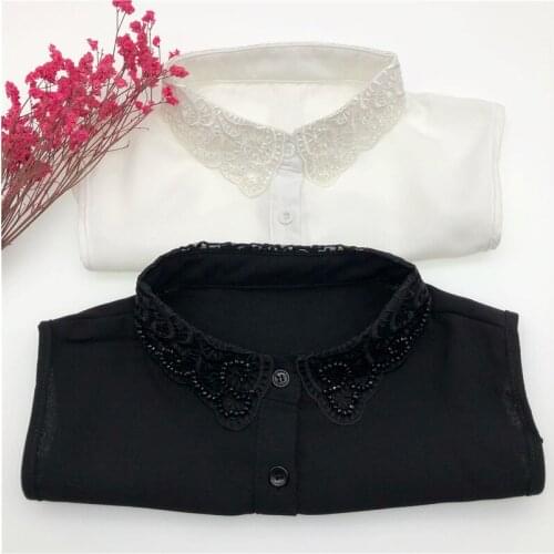 Womens Vintage Shirt Detachable Collars Blouse Tops Fake Collar Handmade Beading Lapel Adjustable Half-Shirt False Collar