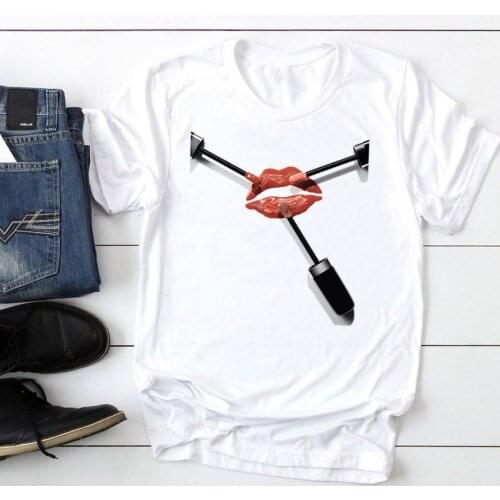 Women Printing Lip Funny Cute Vacation Fashion Cartoon Summer Graphic T Top Lady Print Tee Female Tshirts Clothes T-Shirt