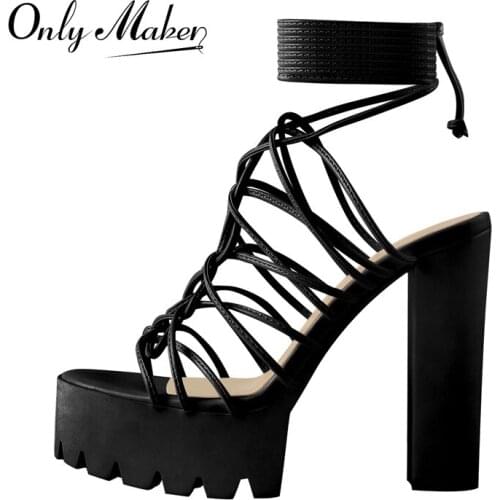 Onlymaker Womens Lace-Up Platform Sandals Black White Narrow Cross Strap Knotted Chunky High Heels Shoes Fashion Large Size