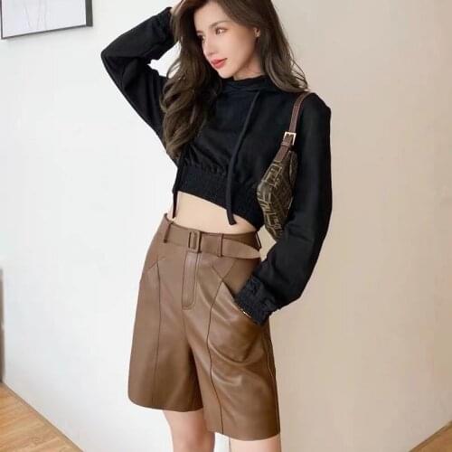 2021 Korean Fashion Genuine Leather Pants Women Knee Length England Style Streetwear Women Trousers With Belt