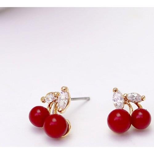 2019 New Fashion personality Lovely Red Cherry Earrings Rhinestone Bead Stud Earrings For Woman Jewelry Boucle D'oreille Femme