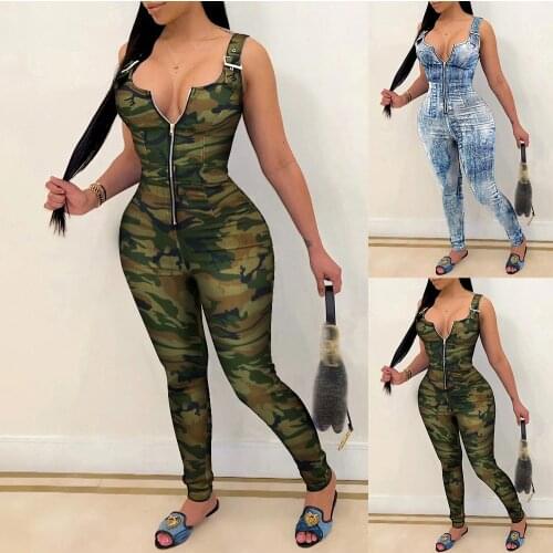Summer 2021 Camouflage Printed Jeans JumpsuitWomen Romper Sexy Strap Zipper V Neck Ladies Denim Bodysuit Sexy Party Jumpsuit