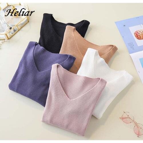 Heliar 2019 Autumn Winter Women Knitted V-neck Sweater Casual Soft Plain Jumper Fashion Slim Femme Elastic Female Pullovers