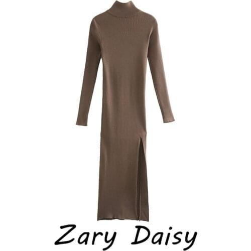 Zary Daisy European and American womens Retro rib knitted long tight buttock dress side split skirt